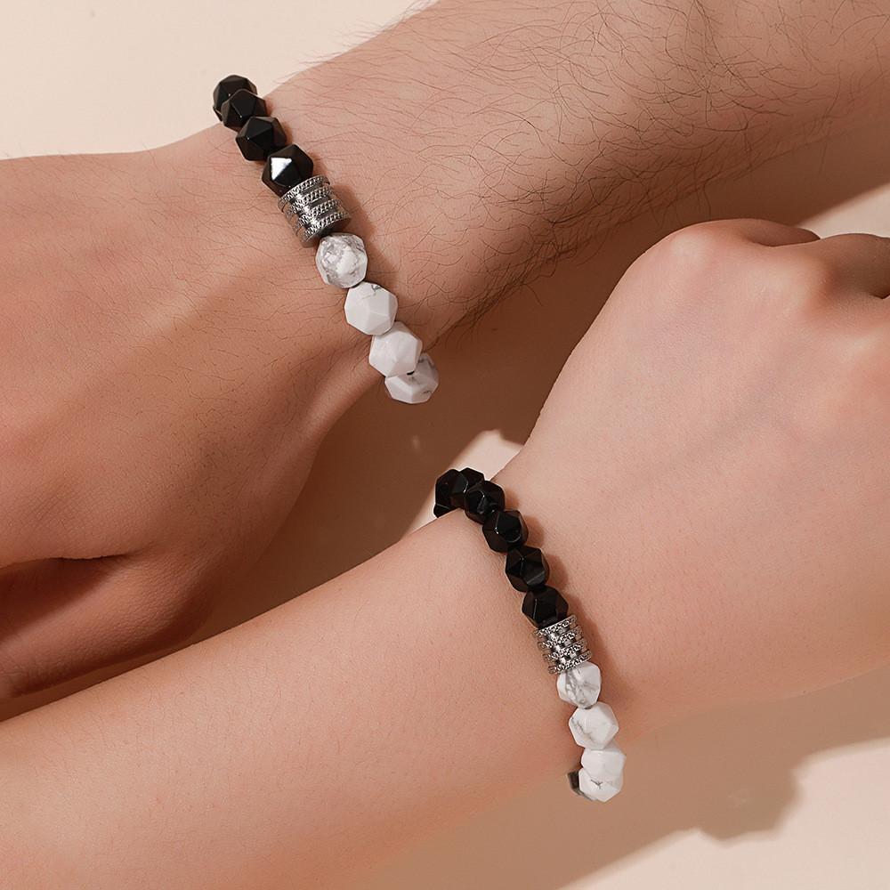 Minimalist White Turquoise Beaded Bracelet For Men And Women With Geometric Hexagon Design