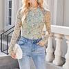 Spring and Autumn Fashion Pullover High Neck Long Sleeve Lace Floral Mesh Base Shirt Women