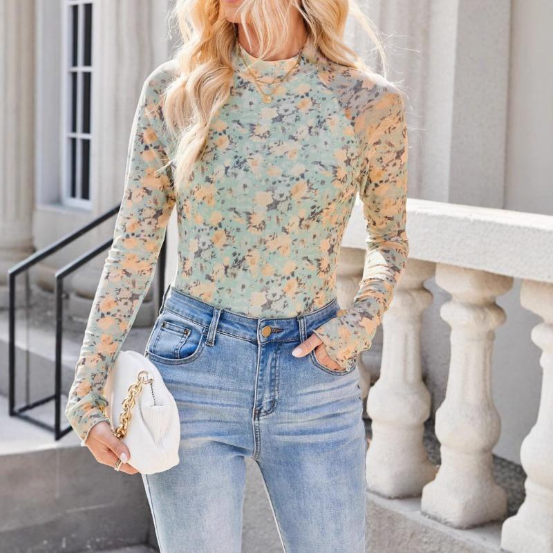 Spring and Autumn Fashion Pullover High Neck Long Sleeve Lace Floral Mesh Base Shirt Women