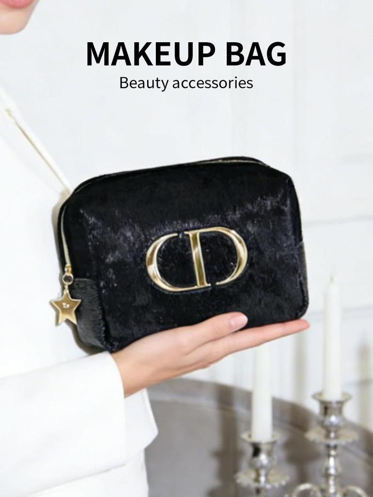 Dior Black Cosmetic Bag with Gold Logo, Portable Travel Makeup Organizer