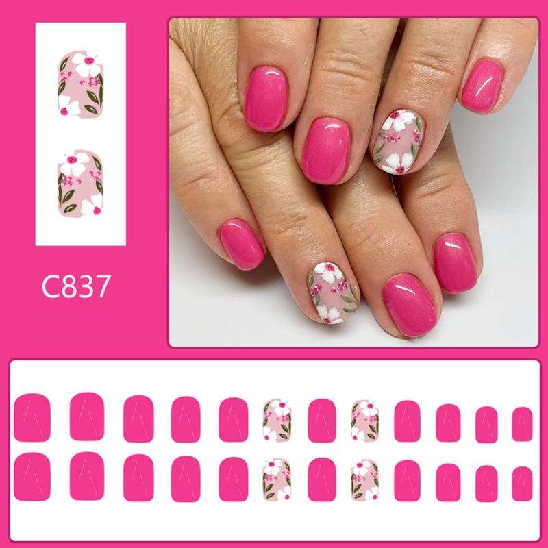 24 Pcs Flowers False Nail Solid Color Artificial Nail Glossy Full Cover Stick on Nail Short Square Press On Nail