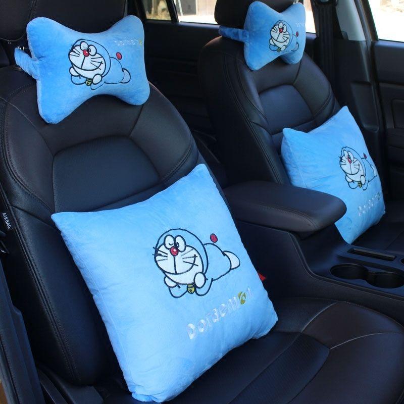 New Doraemon Cute Plush Headrest Car 2-In-1 Pillow By Car Waist Neck Pillow Steering Wheel Cover Decoration Accessories Gift