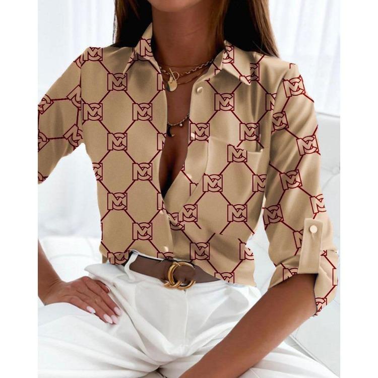 Legere Damenoberteile Herbst Frühling Mode Bedruckte Bluse Langarmshirt