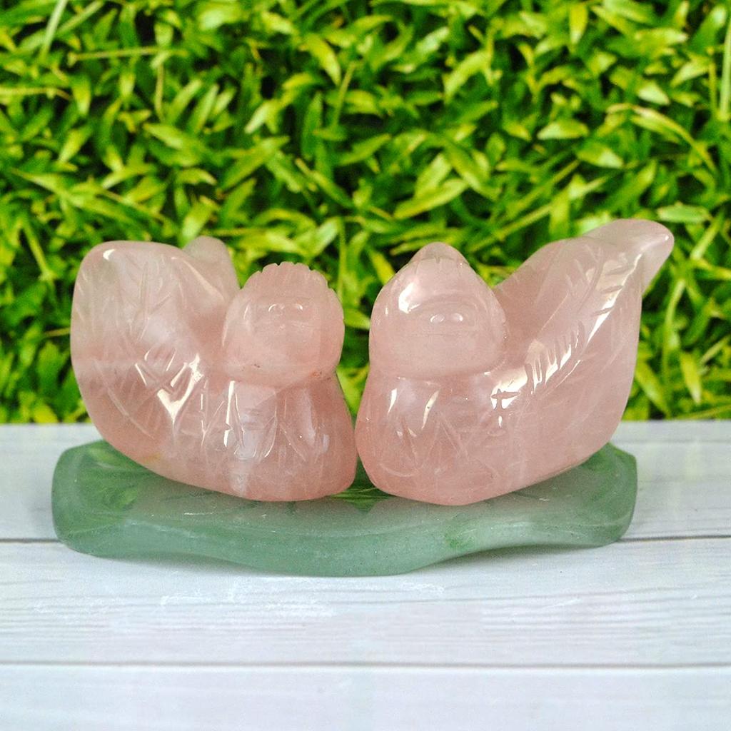 Reiki Crystal Products Natural Rose Quartz Mandarin Swan Duck Pair with Green Jade Plate Leaf