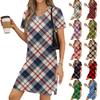 Women's Casual V-neck Short Sleeve Split Hem Plaid Print Dress
