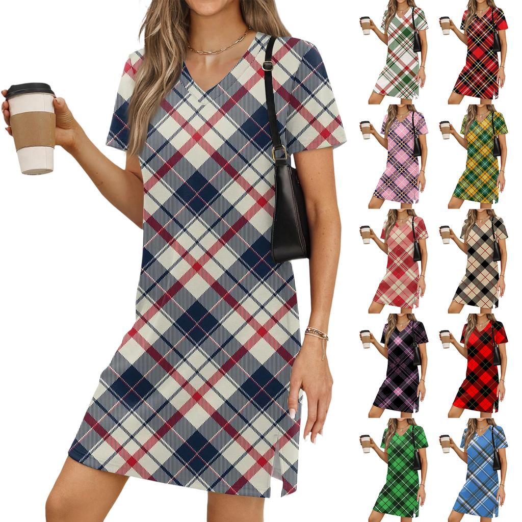 Abito casual da donna con scollo a V, maniche corte, orlo spaccato e stampa a quadri