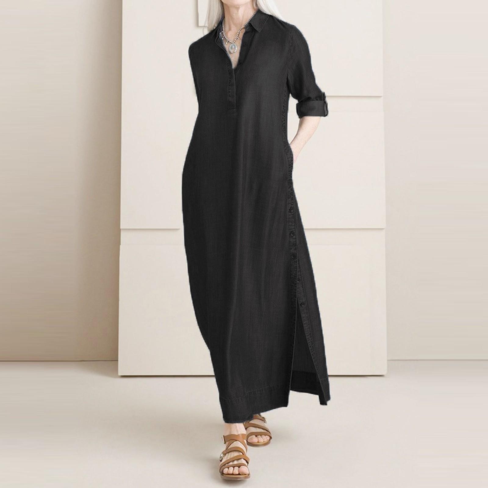 

Женское модное джинсовое платье с воротником-стойкой и длинной юбкой из денима на пуговицах XXL чёрный