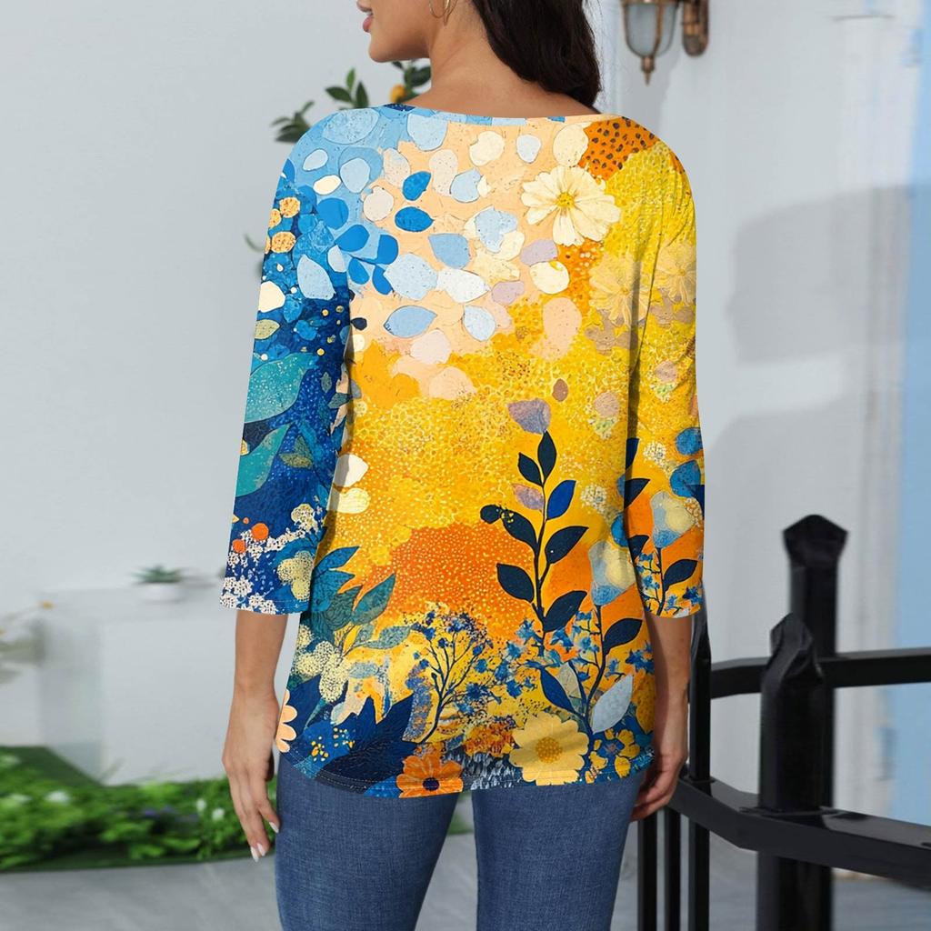 Women's Fashion Casual Round Neck 3/4 Sleeve Loose Printed T-Shirt Ladies Top