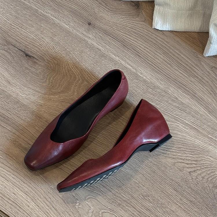 Sheepskin version~ retro literary and artistic style inner height increase leather shallow mouth single shoes women's simple square head versatile com