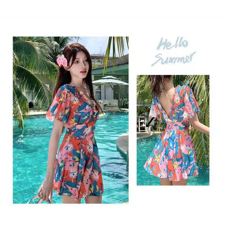 Womens V-Neck Ruffle Sleeve Swimsuit With Tropical Print Tummy Control Fit Modest One-Piece Bathing Suit Beach Vacation