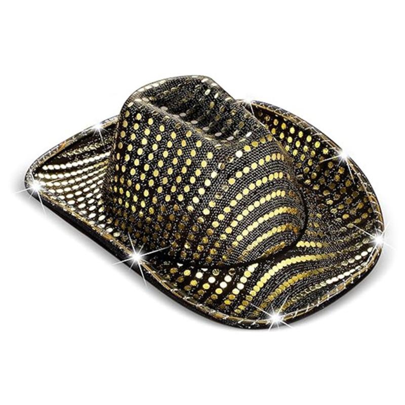 

Fashionable Denims Hat with Sequins and LED Light Illuminated Western Hat for Night Event and Performances 1