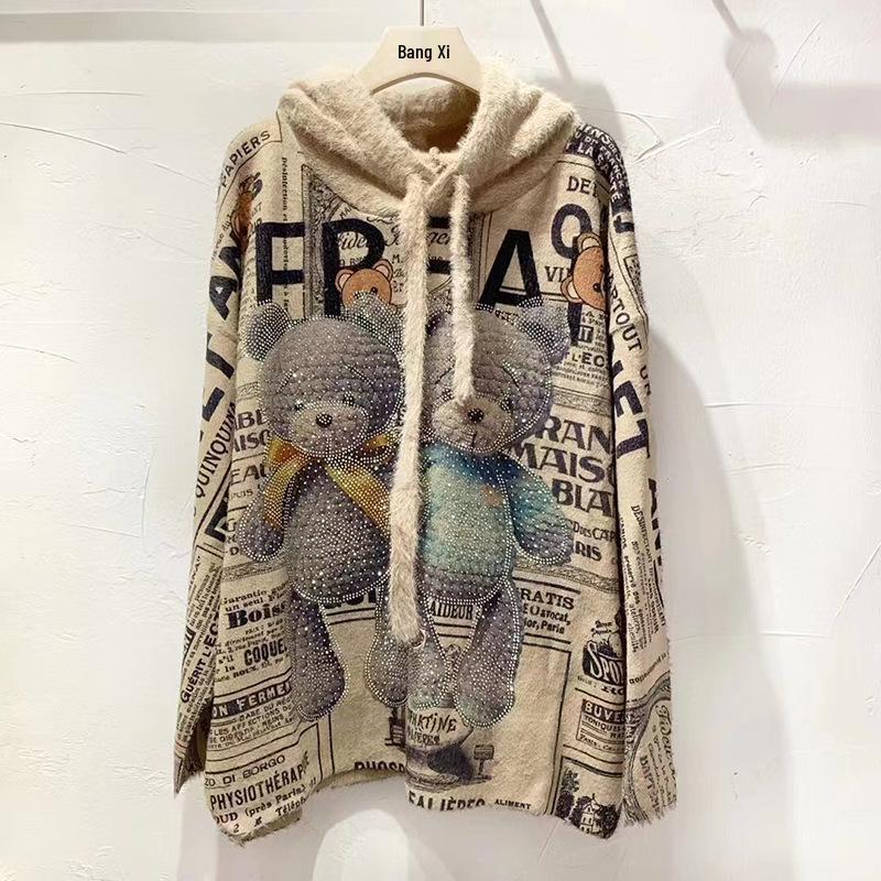 Women's Plus Size Rhinestone Velvet Hooded Sweater - European Style, Loose Fit, Soft Knit Top