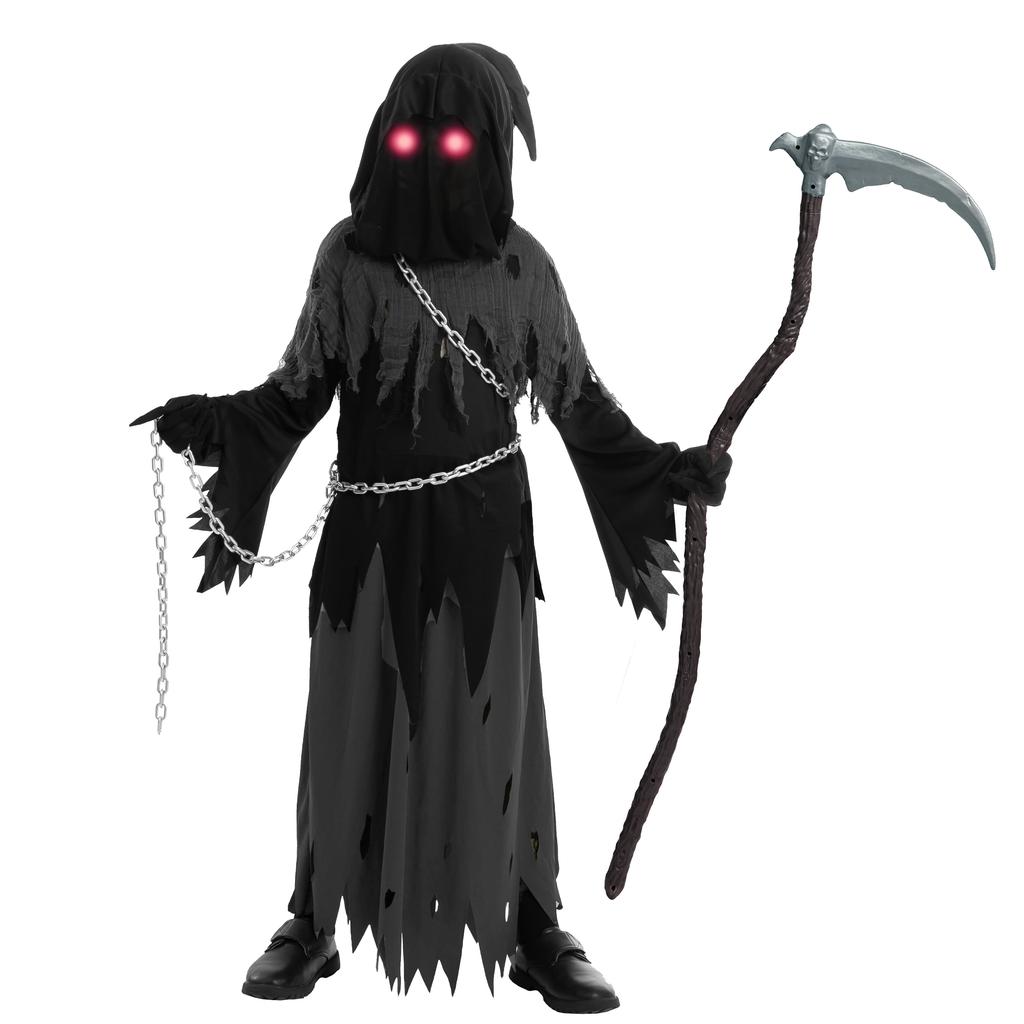 Joyfy Child Glowing Eyes Grim Reaper Costume, Phantom Costume for Kids Halloween Fancy Dress Up 5-12 Years