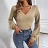 GMXIA Women's Fashion Casual Solid Color Print Autumn Winter Long Sleeve V-Neck Slim Temperament Commuter Twist Knitting T-shirt