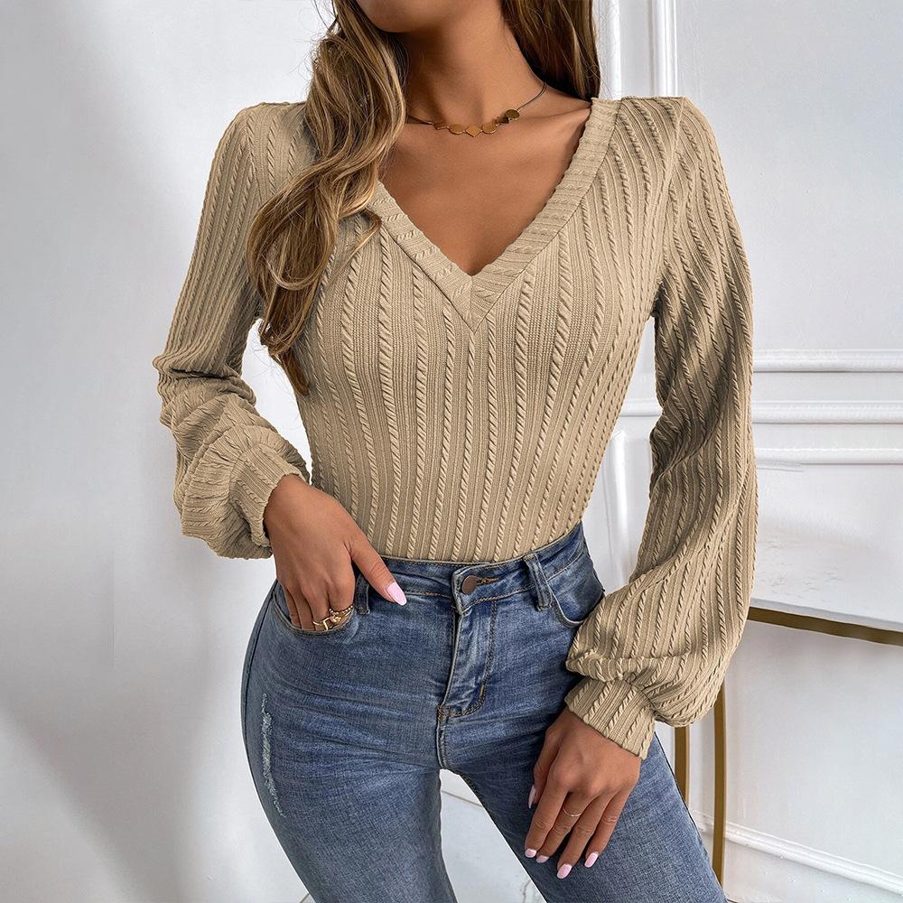 GMXIA Women's Fashion Casual Solid Color Print Autumn Winter Long Sleeve V-Neck Slim Temperament Commuter Twist Knitting T-shirt