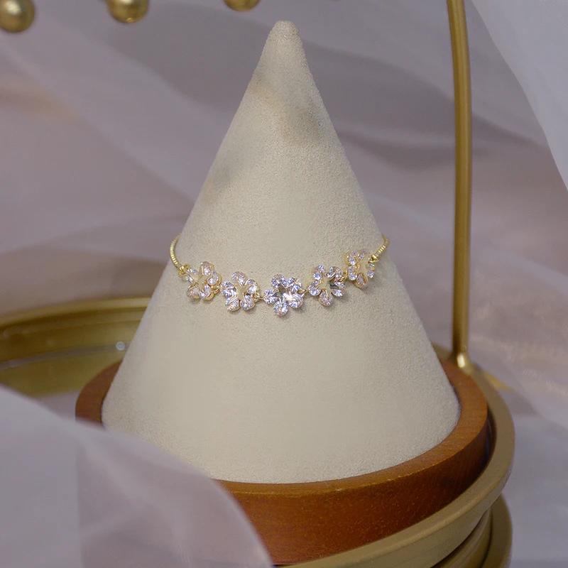 Korea Hot Fashion Zircon 14K Real Gold Plating Copper Inlaid AAA Zircon Bracelet Flower Stretch Adjustable Women Bracelet