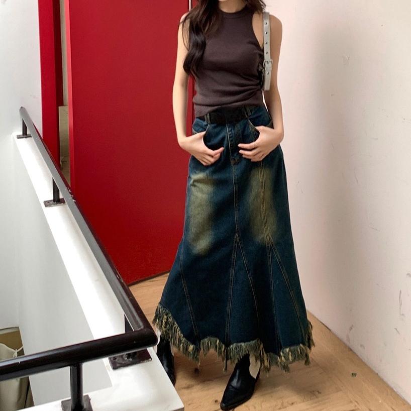 Asymmetrical Hem Denim Skirt Women Long Fringe  Skirts Trendy Outfit Clothes