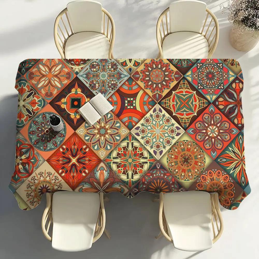 Colorful Mandala Tiles Pattern Table Cloth Party Decor Dining Room Home Kitchen Patios Waterproof Stain-Proof Table Cloth