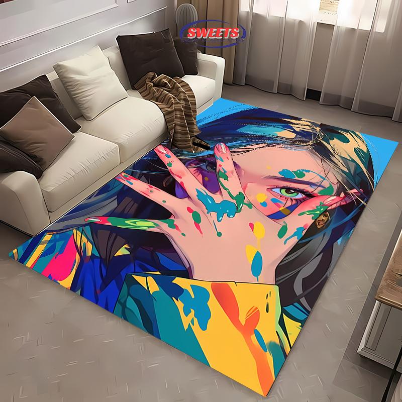 Color Ink Covered Girl Art Carpet Rug for Bedroom Decor Playroom Living Room Sofa Office Area Mat, Modern Fashion Style Carpet