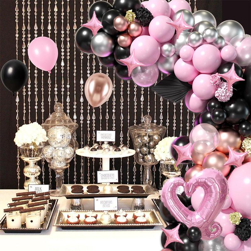122pcs Metal Silver Black Pink Balloon Garland Set, Suitable for Valentine's Day, Birthday Party Wedding Background Decoration