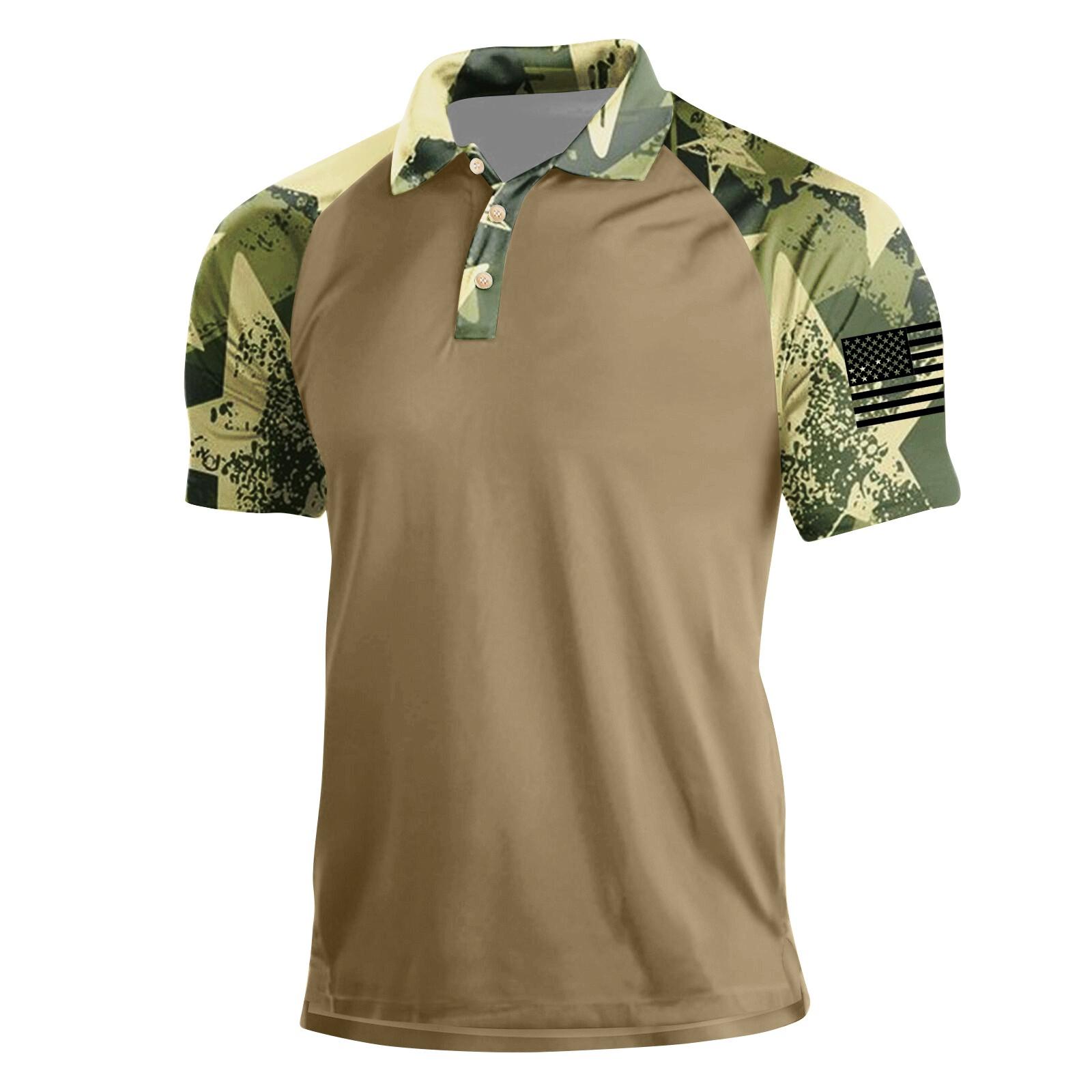 Mens Polo Shirt Digital Camouflage Print Short Sleeve Raglan Collar Button Up Athletic Top with Flag Patch S кофейный