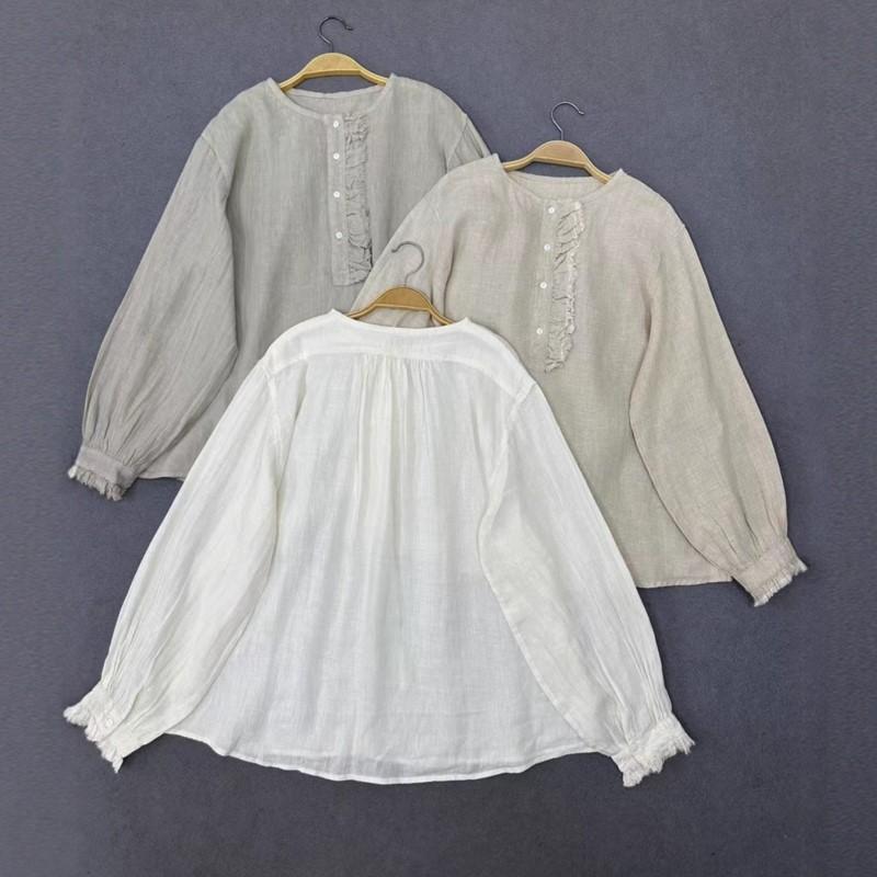 Johnature French Vintage Patchwork Ruffle Edge Round Neck Shirt For Women Casual Versatile Loose Vacation Blouses