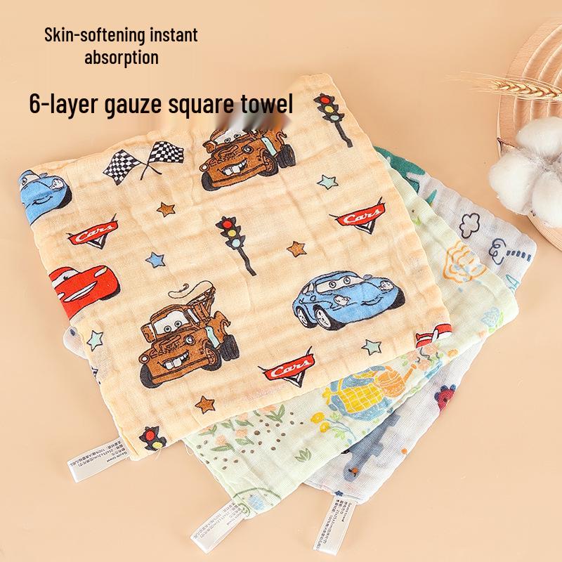 Class A Pure Cotton Crinkle Bib: Six-Layer Cartoon Print Square Handkerchief