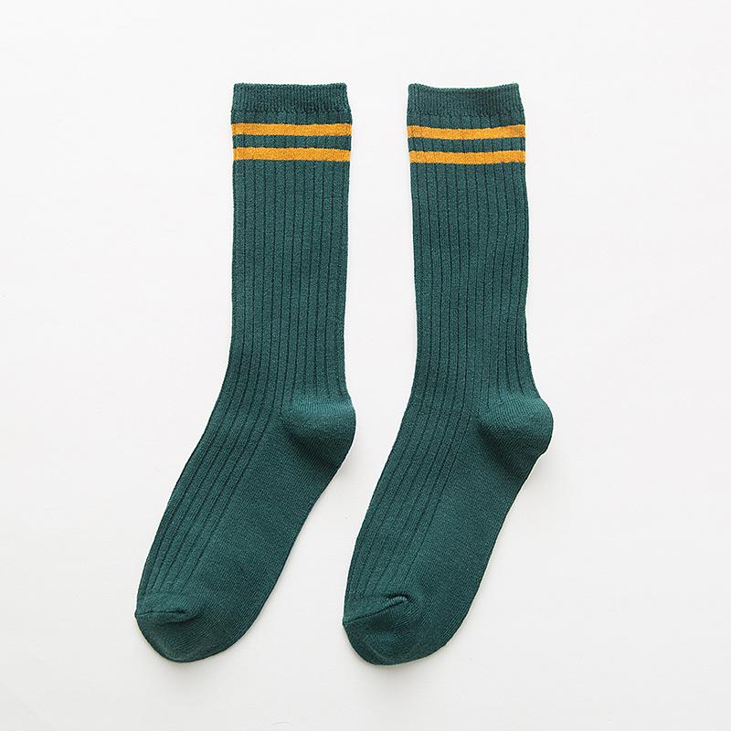 Women's Striped Double Needle Pile Socks: Pure Color, Long Cotton for Autumn/Winter, Trendy & Stylish.