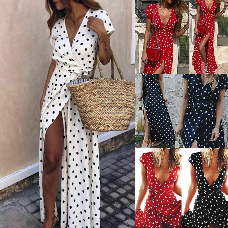 Stylish Womens Holiday Polka Dots Slit Maxi Dress Perfect For Summer Beach Outings