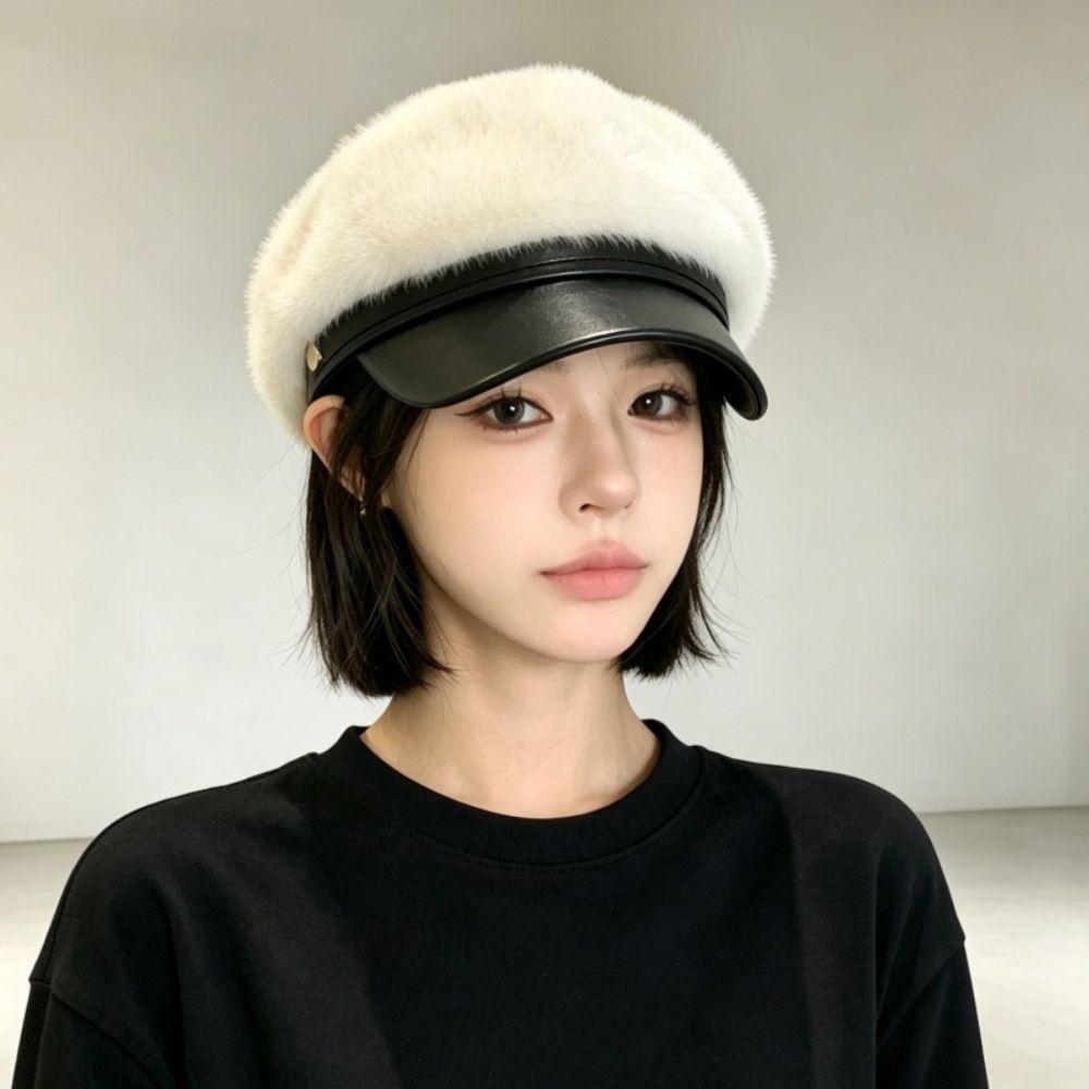 PU Brim Newsboy Cap Adjustable Navy Hat Soft Touch Beret Cap Winter Daily