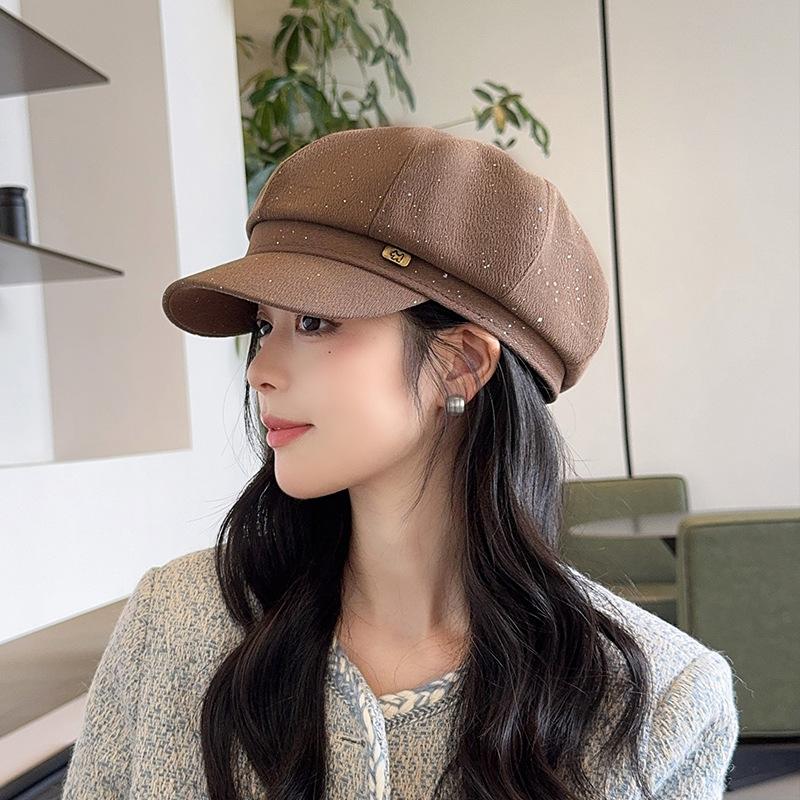 British Style Retro Sequined Octagonal Hat for Women in Autumn and Winter Puppy Label Painter's Hat Travel Fashion Temperament Beret