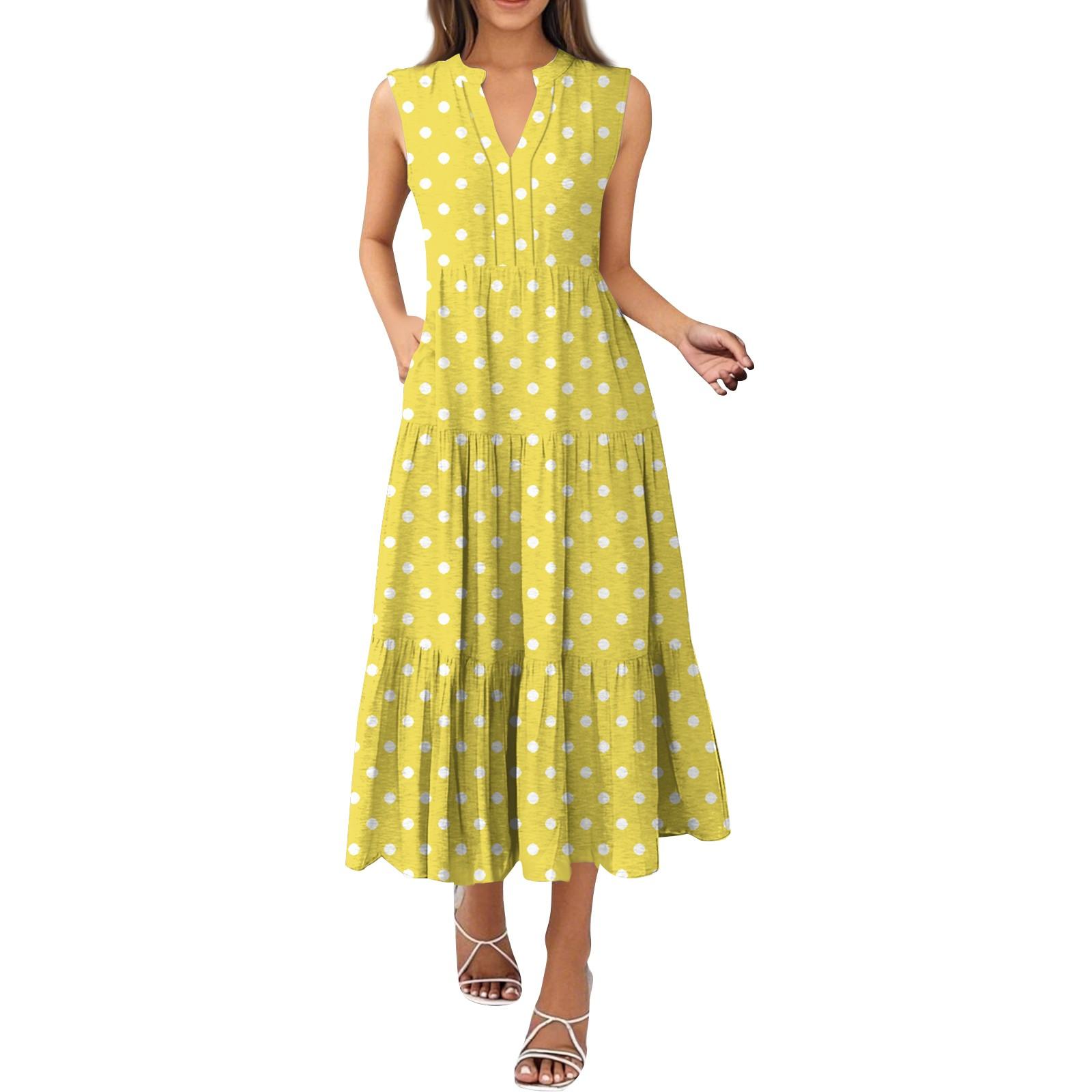 

Женские модные летние платья без рукавов с V-образным вырезом и принтом в горошек, плиссированные XL жёлтый