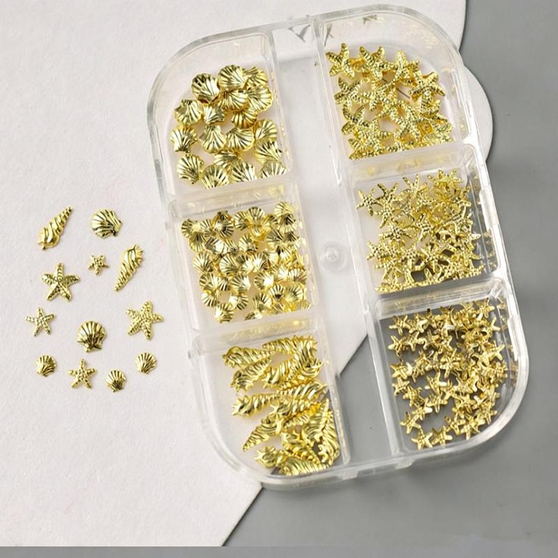 6 Grilles Charms 3D pour Ongles Coquillage Doré Étoile de Mer Conque Décor pour Manucure DIY Design Débutants