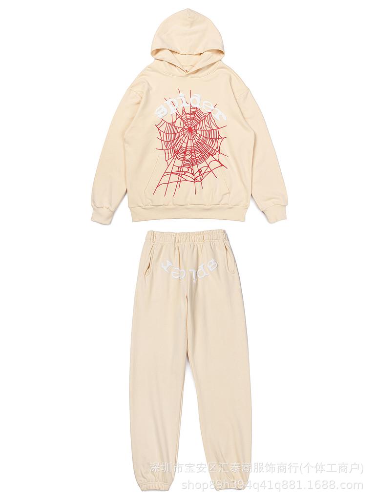 Sp5der5555 Těžká bavlněná froté mikina s kapucí a tepláky se síťovanými pěnovými písmeny