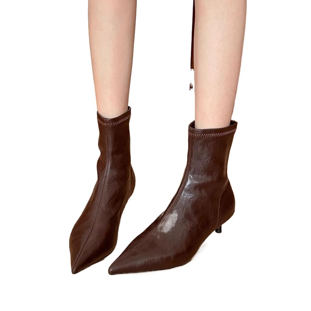 Vintage Brown Soft Leather Cat Heel Boots Women's 2025 Autumn New Fashion and Versatile Small Heel Leather Boots Women's Fashion Boots