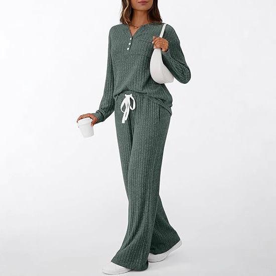 Women's Beige V-Neck Long Sleeve Knit Top and High Waist Wide Leg Pants Set