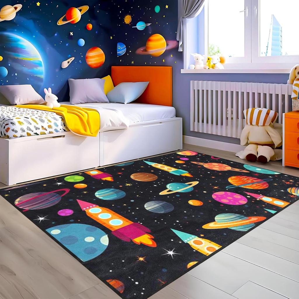 Cartoon Outer Space Rug for Kids Bedroom, Galaxy Planet Solar System Carpet, Educational Rockets and Satellites Play Mat
