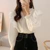 Women's French Style Shirt with Lace and Lace V-neck Patchwork Ruffle Edge Loose Casual Bubble Sleeve Shirt