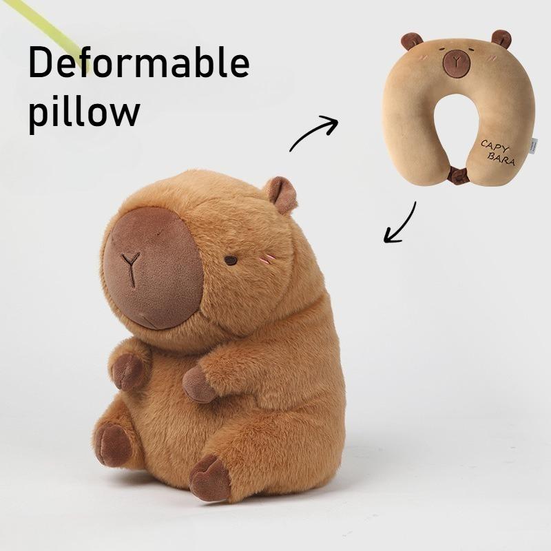 Cuscino Peluche Portatile a Forma di U Capibara Animato 2 in 1 Cuscino Supporto per il Collo da Viaggio Cuscino Peluche Carino Cuscini per Sedia da Lavoro
