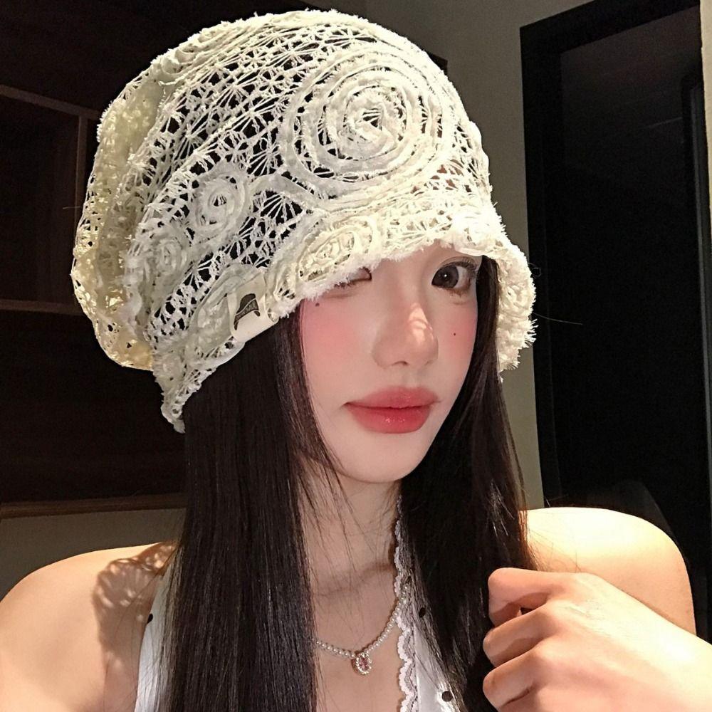 Breathable Hollow Out Flower Beanies Embroidered Flower Pile Hat Casual Lace Hat  Outdoor