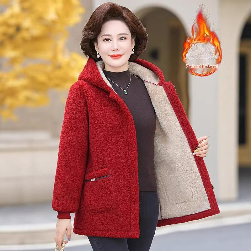 Mamas Herbst-/Winter-Kapuzenjacke aus Lammwolle für Damen, Plüsch-Samt, Verdickte warme Baumwolle für mittlere und ältere Menschen, Strukturierter Samt