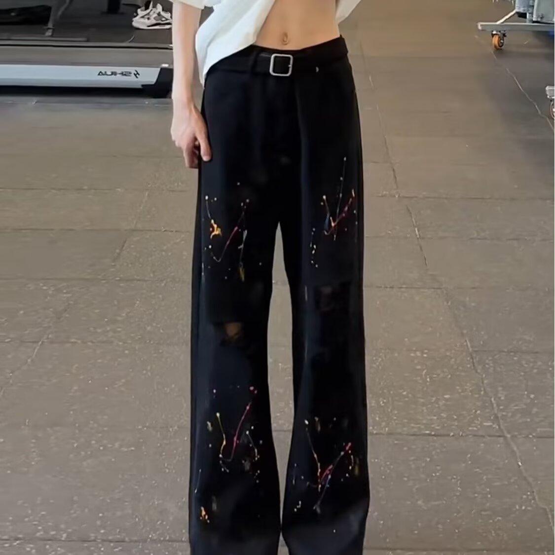 Мужские прямые джинсы JYL Белые с граффити Рваные Cleanfit Американский High-Street Деним 2XL амарантовый