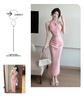 Elegant Off-Shoulder Qipao Evening Gown with Pearl Chain Accents