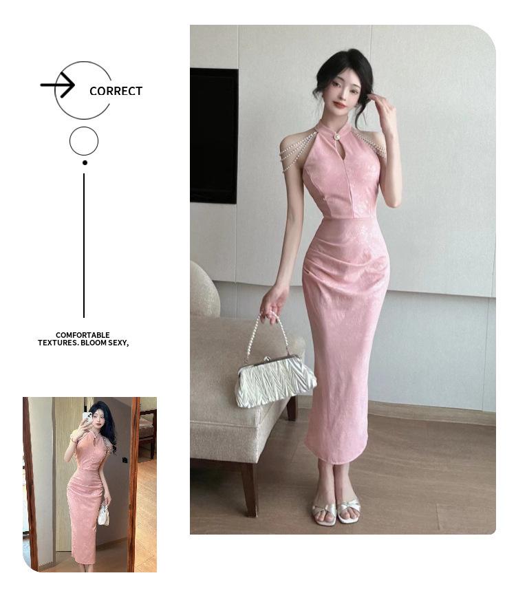 Elegant Off-Shoulder Qipao Evening Gown with Pearl Chain Accents