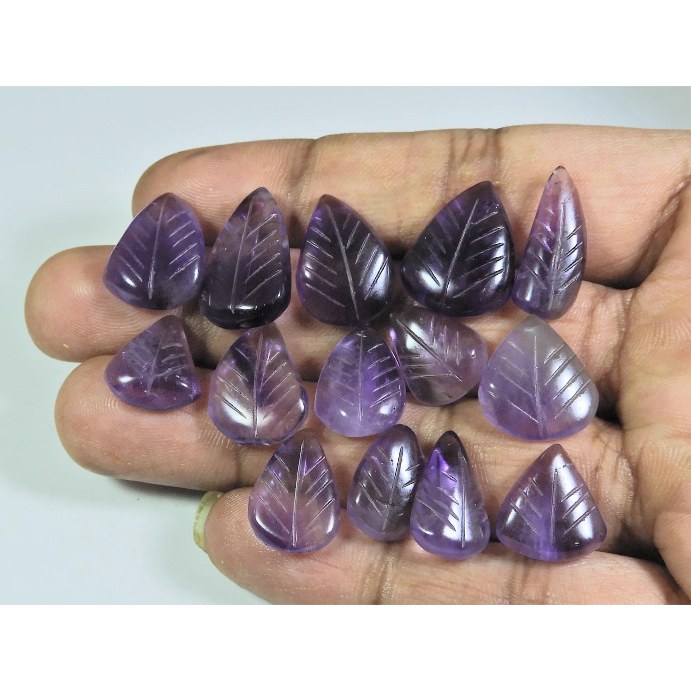 

102Cts. Natural Amethyst Leaf Carving Pear Cabochon Loose Gemstone 14Pcs Lot A-542
