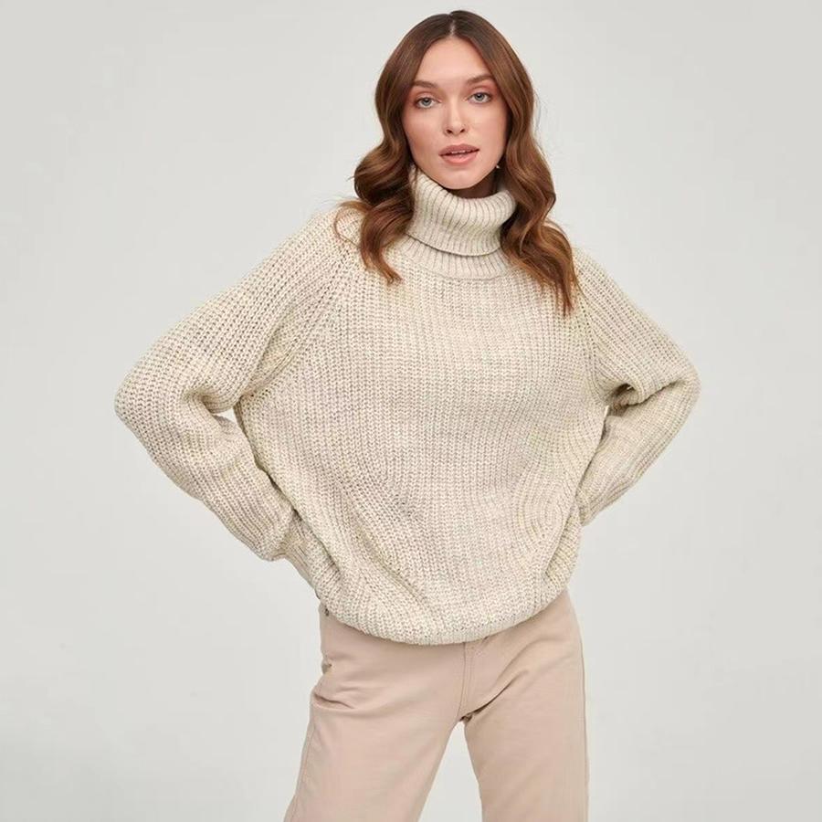High Neck Knit Sweater Women's Chunky Oversized New Style High Neck Thick Winter Knitwear Casual Long Sleeve Solid Color Sweater