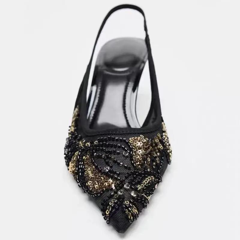 Fashion Bling Black Mesh String Bead Embellish Brand Pumps Women Elegant Pointed Toe Back Strap Thin Heel Slide Sandals Party Dress Shoe