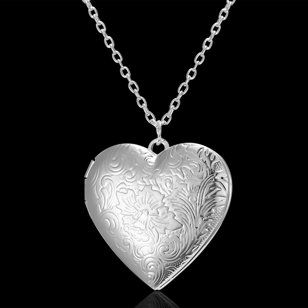 Collana con Ciondolo Medaglione a Cuore Inciso Placcato Argento con Portafoto per Donna