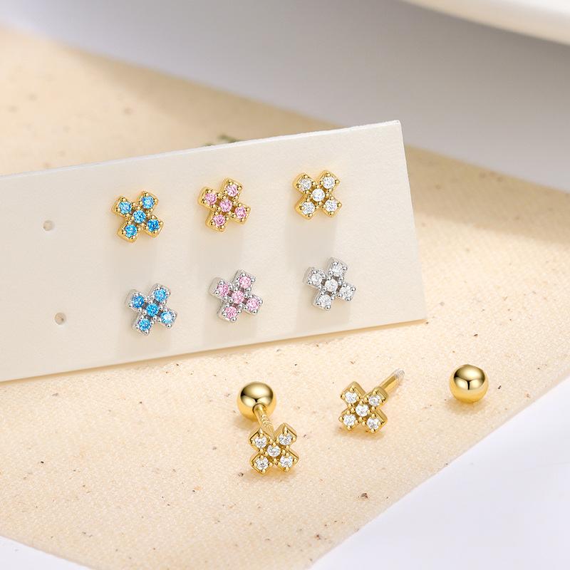 S925 Sterling Silver Inlaid Colorful Zircon Cross Screw Earrings for Women Small Exquisite Temperament Ear Accessories