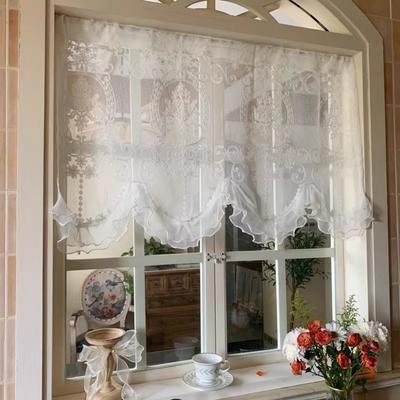 Embroidered Ruffled Lace Short Sheer Curtain Wavy Edge Rod Pocket/Hook/magic Tape Beaded Half Yarn Drapes French Style